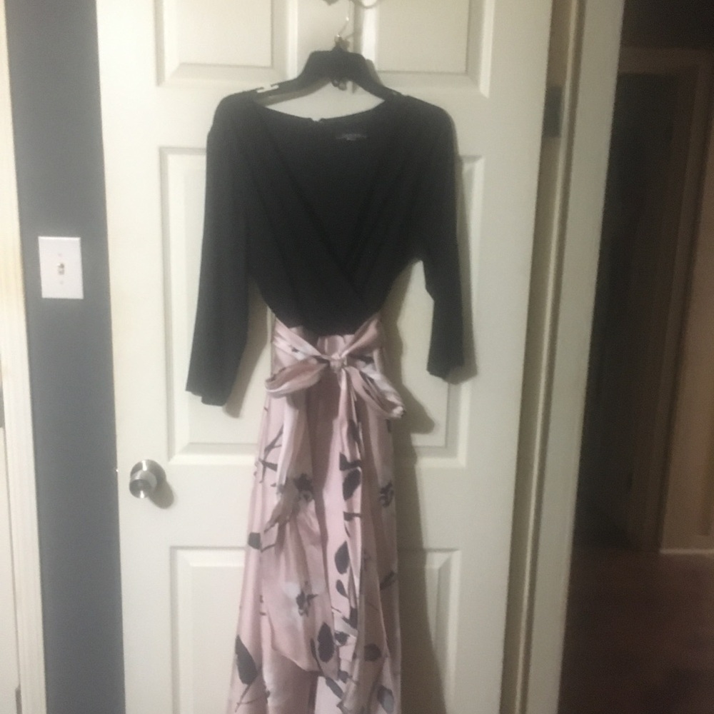 R&M Richards Black Bodice Pink Floral Wrap Maxi Dress with Waist Tie